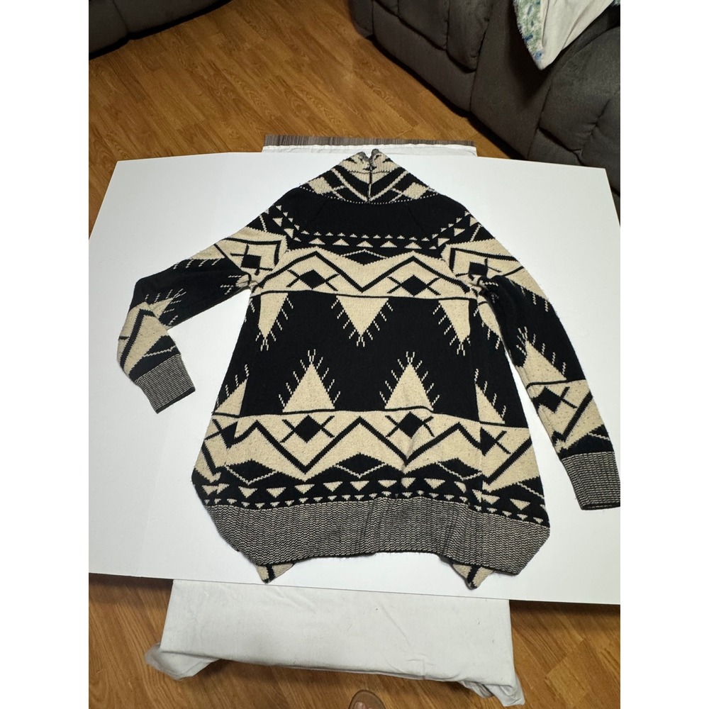 Gianni Bini Aztec Geometric Open Front Cardigan Sweater Black Cream Medium